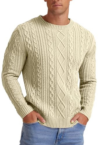 Hisir Men's Winter Cable Knit Jumpers Casual Crew Neck Thick Warm Long Sleeve Sweater Pullover Tops for Men UK (Beige, M)