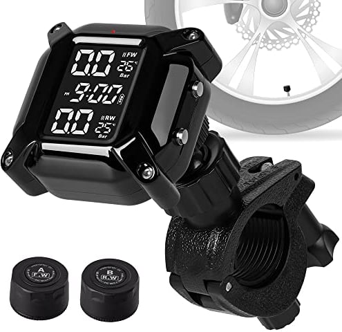 Tyre Pressure Monitor, Motorcycle Tpms Wireless Tyre Pressure Monitoring System Car Safety Monitor with LCD Display & 2 External Sensors, Tire Pressure Monitor Sensor-Waterproof Adjustable Angle