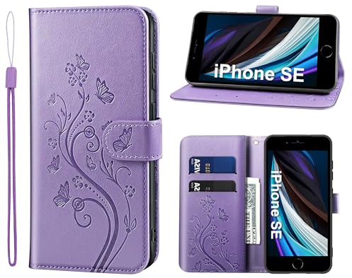 KRAFTCARE Handyhülle für iPhone SE 2020/2022 Hülle, für iPhone 8/7 Hülle mit Kartenfach Geld Slot Ständer Magnetic Closure, Flip Case Leder Schutzhülle Tasche Handyhülle für iPhone 8/7/SE Hülle,Lila