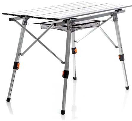 WilTec Table de Camping Pliante, 900 x 530 x 650 mm, Table Portable Grise en alu, réglable en Hauteur 45-65 cm, extérieur, BBQ, fêtes, Barbecue, Pique-Nique