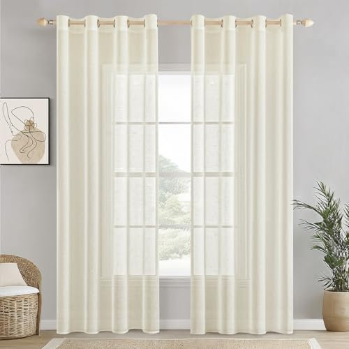 EMEMA Voile Vorhang Sheer Leinenvorhang Transparente Leinen Gardinen Ösenschal Wohnzimmer Wohnzimmer Modern 2er Set Fensterschal Dekoschal Schlafzimmer mit Ösen 140 x 260cm (B x H) Elfenbein