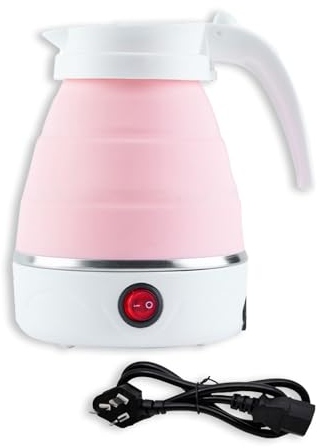 Ruikdly Faltbarer Wasserkocher 0.6l Faltbarer Reisewasserkocher Silikon Wasserkocher Camping Faltbar Wasserkessel mit 304 Edelstahlboden 5 Minuten Schnelles Kochen für Outdoor Camping (Blassrosa)