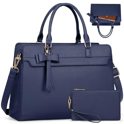 RAINSMORE Handtasche Damen Shopper Damen Groß 15.6 Zoll Laptoptasche Damen Wasserdicht PU Leder Arbeitstasche Umhängetasche mit Geldbörse 2-teiliges Set für Business Arbeit Schule Blau