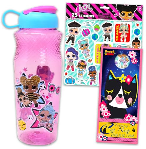LOL Suprise Wasserflaschen für Kinder, Mädchen, 3-teiliges Schulbedarf-Set mit wiederverwendbaren Kantinen-Aufklebern und mehr, LOL Surprise Doll Wasserflasche
