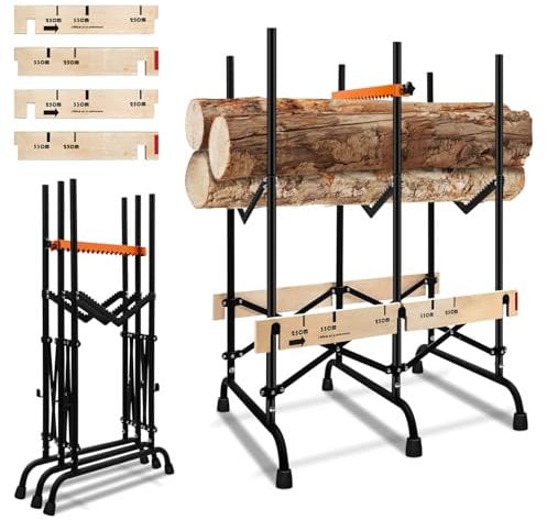 Fiqops Chevalet de sciage pliable pour tronçonneuse - Chevalet de scie à bois avec sécurité d'éjection et échelle de mesure - Charge maximale : 150 kg - Tréteau à bois pour coupe rapide du bois de