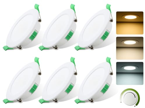 Fynokst LED Downlights for Ceiling Dimmable, 7W LED Downlights Ceiling Ultra Slim Cut Φ75-85MM, 3000K/4000K/6500K Adjustable IP44 Spot Light for Kitchen, Bathroom, Living Room, Round 6 Pack