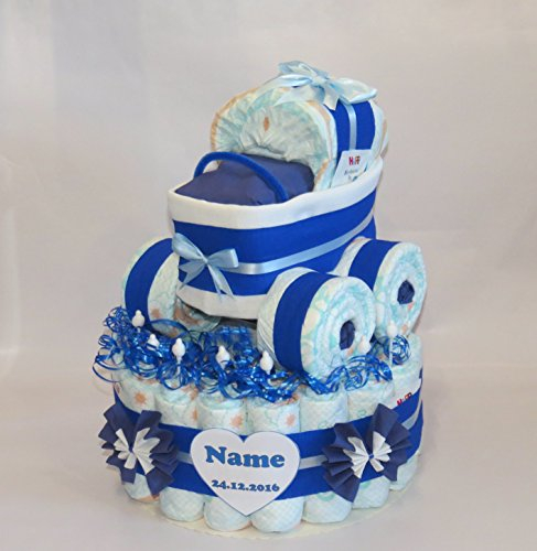 Windeltorte mit Windelkinderwagen blau | Geschenk zur Geburt oder Taufe | Hingucker auf der Babyparty | Taufgeschenk