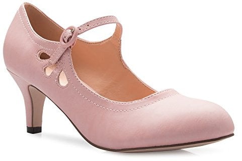 Olivia K Women's Kitten Low Heels Round Toe Mary Jane Pumps - Adorable Vintage Retro Shoes- Unique Side Cut Out Design, Rose Pink Pu, 5 UK