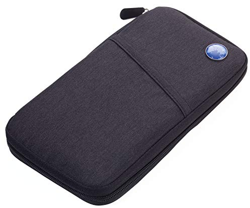 Troika “Safe Flight” travel Document case — for air travel — with readout Protection Film (for RFID Chips) — Zipper — 12 Inner Pockets — Polyester — Grey, Black