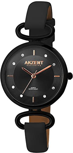 Akzent Exclusive Damen-Uhr Kunstleder Glitzer Analog Quarz 1900246 (schwarz)