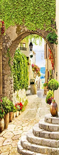 A.Monamour Türtapete Selbstklebend Türfolie Türposter 3D Alte Italienische Straßenszene Bogen Architektur Garten Blumen Vinyl Folie Türdeko Tapete Wandbild Türaufkleber Türtattoo 90 x 200 cm