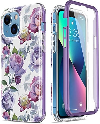 Esdot for iPhone 13 Mini Case with Built-in Screen Protector,Military Grade Rugged Cover with Fashionable Designs for Women Girls,Protective Phone Case 5.4 Purple Pink Flowers