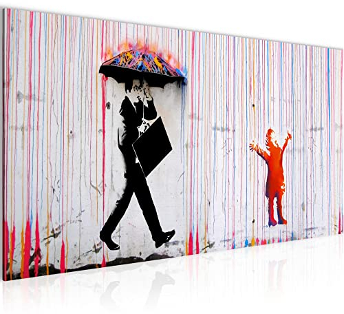 Runa Art Wandbild Banksy-Style Colored Rain 1 Teilig 100 x 40 cm Modern Bild auf Vlies Leinwand Streetart Graffiti Loft Wohnzimmer Grau Rot 040312a