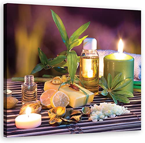 Feeby Impression sur Toile Intissé Spa Bambou Bougies Zen 40x40 cm Image Moderne Tableau Déco Mural Salle De Séjour Bien-être Nature morte Huiles multicolore