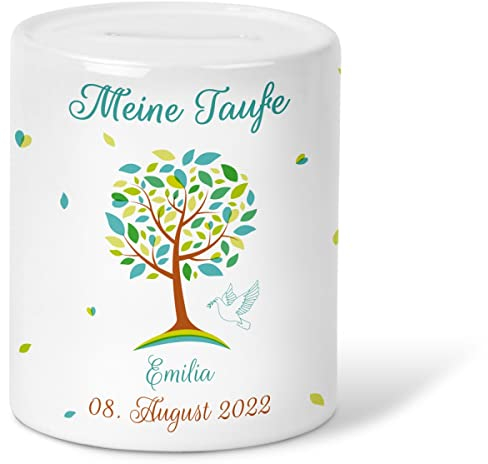 GRAVURZEILE Spardose für Kinder - im Lebensbaum Design - Personalisiert mit Name & Datum - Geschenk für Jungen & Mädchen zum Geburtstag Kommunion Geburt Einschulung Weihnachten - Farbe Grün
