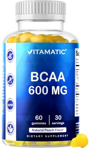 Vitamatic BCAA Gummies - Branch Chain Amino Acid Supplements - Peach Flavor - 600mg per Serving - 60 Vegan Pectin Based Gummies (1 Bottle)