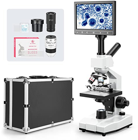 [Blutmodell] Vabiooth Dual-View Compound Monokulares Mikroskop mit 40X-2500X Vergrößerung und 5MP 7-Zoll LCD-Bildschirm, einstellbarem mechanischem Objekttisch
