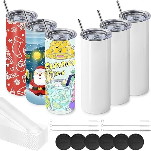 MSYU Lot de 6 gobelets vierges pour sublimation de 591 ml, fins, droits et plats - Avec couvercle et paille - Blanc