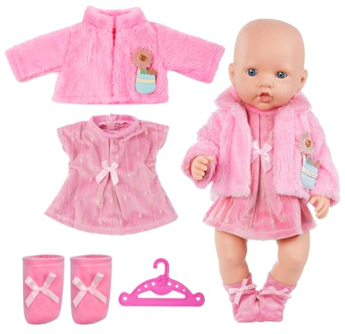 Aolso Vestiti per Bambole per New Born Baby Doll, Abiti per Bambolotti 35-45cm, Modello Ovile Rosa, con 1 Gonna Rosa Senza Maniche, 1 Giacca Rosa, 1 Paio di Calzini Rosa, 1 Gruccia di Colore Casuale