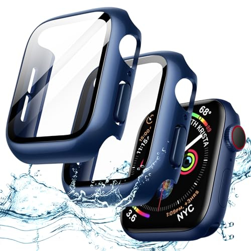JETech Wasserdichte Hülle mit Schutzfolie für Apple Watch SE (2022/2020) / Series 6 5 4 40mm, Eingebautes Gehärtetes Glas Displayschutz Hart PC Vollständig Schutzhülle, 2 Stück (Blau)