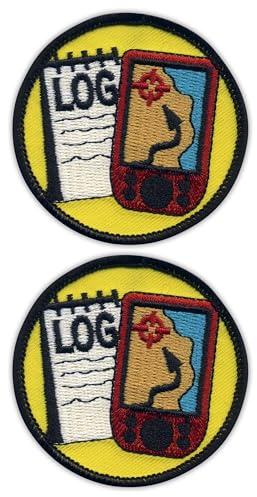 Set di 2 toppe ricamate con logo geocaching e GPS Merit, rotonde, da 6,3 cm, da cucire