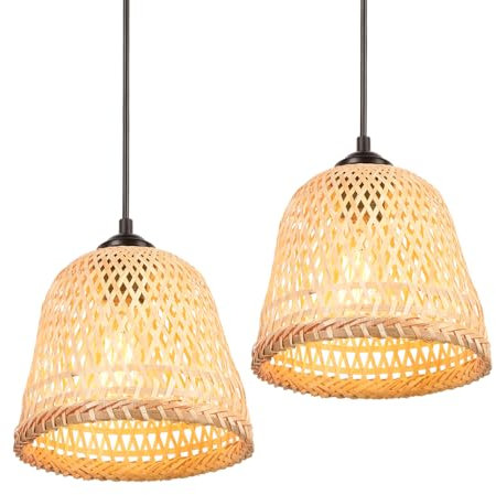 TOKIUS 2 packs Lustres Suspensions Bambou Industrielle Luminaire Plafonnier E27 Vintage Lustre Abat-jour en Bambou Tressé Rétro Lampe de plafond Ø200mm Design Pour Salon Cuisine Chambre (A-L-2pcs)
