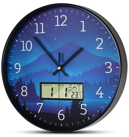 Mee 2ou Wanduhr, 30,5 cm großes Zifferblatt, nicht tickend, geräuschlos, batteriebetrieben, analog, mit LCD-Display für Kalender und Temperatur, moderne Wanduhr für Wohnzimmer, Schlafzimmer, Küche,