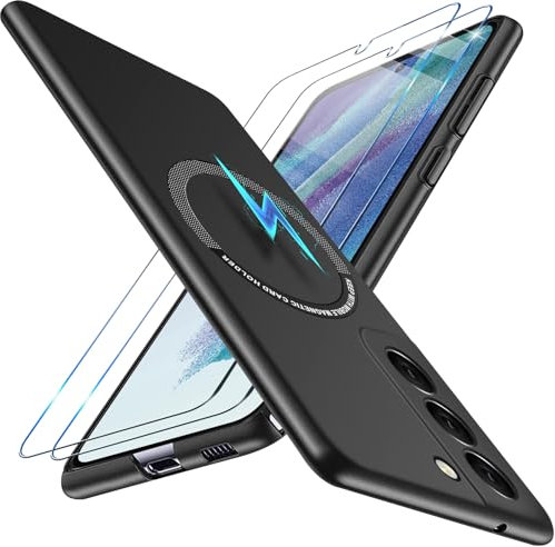 Giyer Dünn Hart Magnetisch Stoßfest Kratzfest Case für Samsung Galaxy S21 FE 5G, Schutzhülle mit Schutzfolie und Magsafe, Schwarz