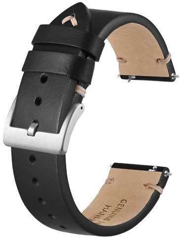 BISONSTRAP Distressed Leder Uhrenarmband, Uhren Armband für Herren, Schnellverschluss Federstege, 18mm, Schwarz (Silberne Schnalle)