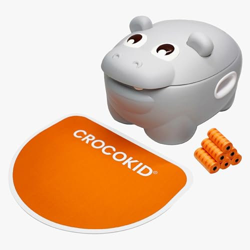 CROCOKID® Hippo Potty - Pot Bébé, Toilette Bébé Apprentissage Propreté, WC Bébé 1-4 ans + Accessoires, Pot de Chambre Enfant avec Couvercle, Tapis, Sacs jetables | 0-25kg | Design Hippopotame (Orange)