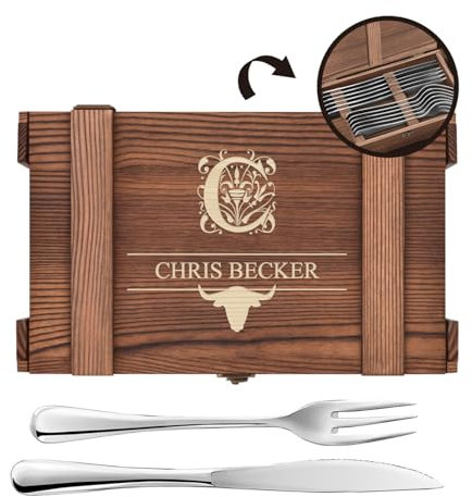 Maverton Steakbesteck 12-teilig - 6 Steakmesser und 6 Steakgabel - Edelstahl Grillbesteck in Holzkiste - personalisierte Geschenke für Männer - Besteck Set für 6 Personen