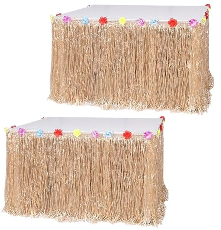 FSSTUD 2 Pcs Luau Party Grass Table Skirt Glitter Hawaiian Table Streamer Tropical Table Curtains Hula Fringe Table Cloth Skirts Summer Beach Straw Table Decoration with Hibiscus Flowers