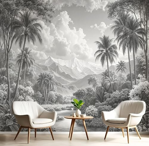 JEDTAKCT Papier Peint Intissé Forêt Tropicale Humide, Papier Peint Panoramique Plantes Montagnes Noir Blanc Pour Salon Chambre, Déco Fresque Murale Maison, Décoration Photo Murale 400X280Cm