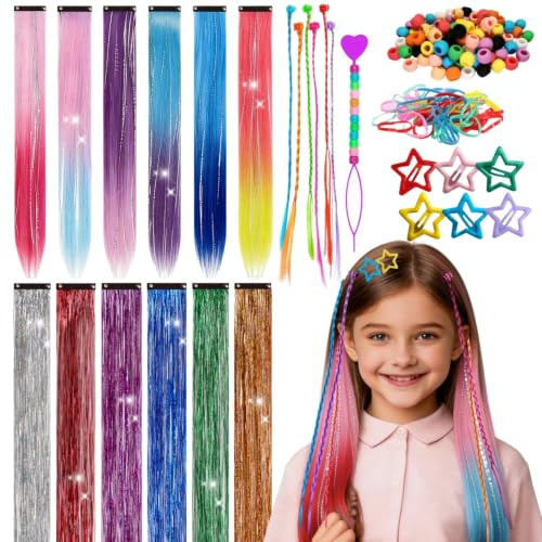 Haarschmuck-Set: 10-farbige Haarsträhnen mit Clips, 6 Zopf-Extensions, 6 Stern-Haarspangen, 1 Set DIY-Haarperlen, 6-farbige Haarlametta