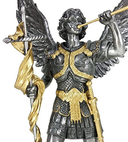 33 cm Saint Gabriel Erzengel Statue W/Trompete und Kreuz Zinn & Gold Finish Angel