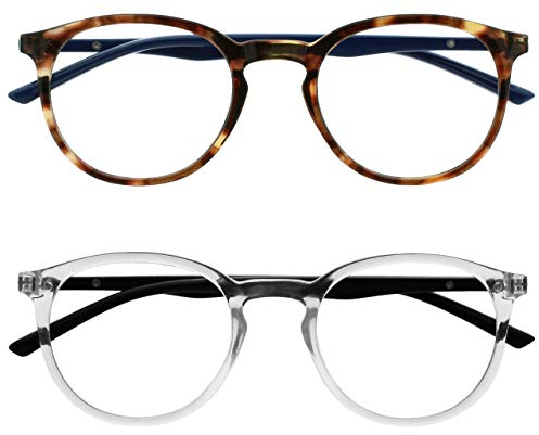 OPULIZE Met-Brille Blaulichtfilter 2er Pack Schlank Runder Rahmen Federscharniere Verbessert Schlaf Computerbrille Gaming Entspiegelt Braun Transparent Herren Damen BB60-2C +0.00