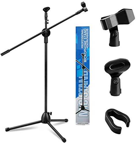 Queiting Microphone Stand Boom Adjustable Straight Collapsible Studio Holder with Free Tripod Telescoping Mic Clip Adapter Tripod Base for Musicians Party Stage (73-175cm)