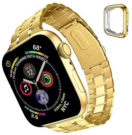 chuangshiji Correa Compatible con Apple Watch Band de 42mm 44mm 45mm, Pulsera para iWatch Series SE/9/8/7/6/5/4/3/2/1 mujeres y hombres Bracelet de Metal de acero inox, Oro
