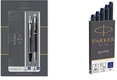 Parker,2093215,IM AA8Duo-Geschenkset mitKugelschreiber & Füller| hochglänzend schwarz| Nachfüllen schwarz & 1950384 Quink Nachfüllpatronen für Füllfederhalter, lange Patronen, 5er Packung, blaue tinte