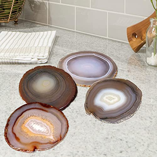 AMOYSTONE Achat-Geoden-Untersetzer, Kristallstein-Untersetzer für Getränke, 4 Stück, Heimdekoration mit Gummipuffern, Naturbraun, 10,2–12,7 cm