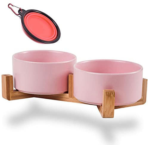 Petygooing Ceramic Dog Bowl Set with Stand - Pink Cat & Dog Food and Water Dish, Small Size (13.5OZ/5.1 in) - Anti-Slip Set of 2