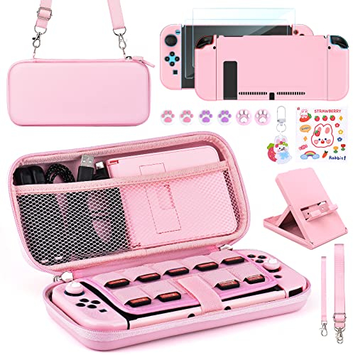 Younik Switch Zubehör Bundle, 17 in 1 Pink Switch Zubehör Kit für Mädchen Enthalten Switch Tasche, Verstellbarer Ständer, Schutzhülle für Switch Konsole & J-Con(Hellrosa)