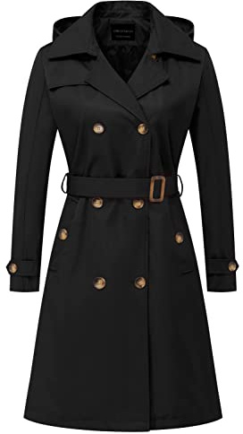 CREATMO US Langer Damen-Trenchcoat, zweireihig, klassischer Revers, Gürtel, schmaler Mantel mit abnehmbarer Kapuze