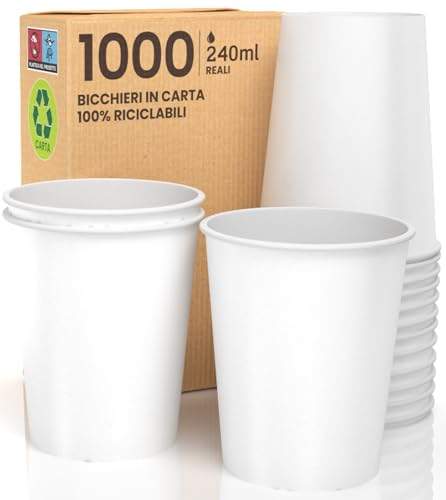 1000 Bicchieri in Carta Bianchi 240ml Ecologici Biodegradabili Monouso Asporto Bevande Calde Acqua