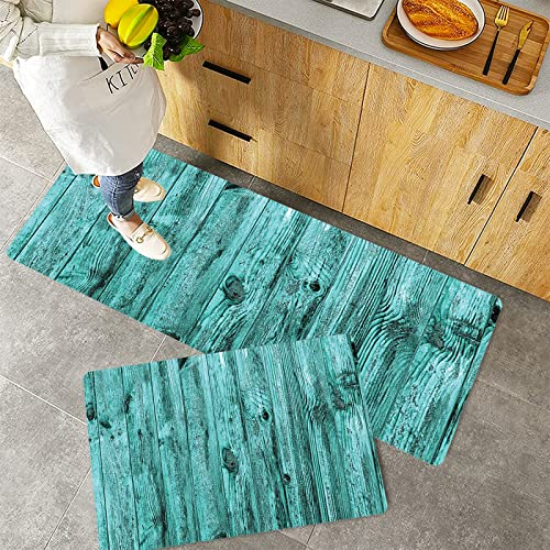 Küchenteppich Teppich Läufer Küchenläufer 2 Stück rutschfest,Türkis Wand aus Türkis Holz Textur Hintergrund antike Holzmöbel kunstvollen Druck, schwarz, Waschbar für Flur Küche 40 x 100 cm+40 x 60 cm