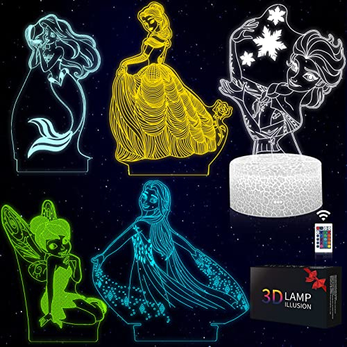 5 in 1 Set Prinzessin Nachtlicht, Princess Tischlampe, Meerjungfrau Muster Lampe 16 Farbwechsel&Fernbedienung, Prinzessin Spielzeug, Prinzessin Geburtstag Weihnachten Geschenke für Mädchen Kinder