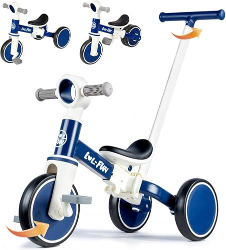 LOL-FUN 5 in 1 Laufrad Dreirad, Laufräder Kinderdreirad mit schubstange, Dreirad Lauffahrrad für Kinder ab 1 Jahre Jungen Mädchen Geschenk