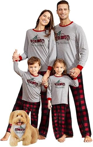 IFFEI Familien-Weihnachtspyjama, passende Sets, Pyjama-Nachtwäsche, bedrucktes Oberteil und Karierte Hose mit Taschen Women M