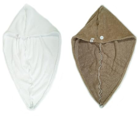 C de B Les cousettes de Bobinette Serviette Cheveux Micro-éponge Bambou x2 - Absorbante et Douce - Séchage Rapide - Turban Cheveux à Fixation par Bouton - Fabrication française (Blanc Cappuccino)
