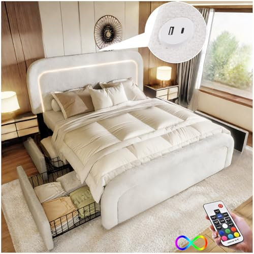 Racxily Cama de matrimonio con USB tipo C, iluminación LED y 4 cajones, 160 x 200 cm, cabecero regulable en altura, cama de una plaza y media con somier de láminas de madera, Sherpa, blanco